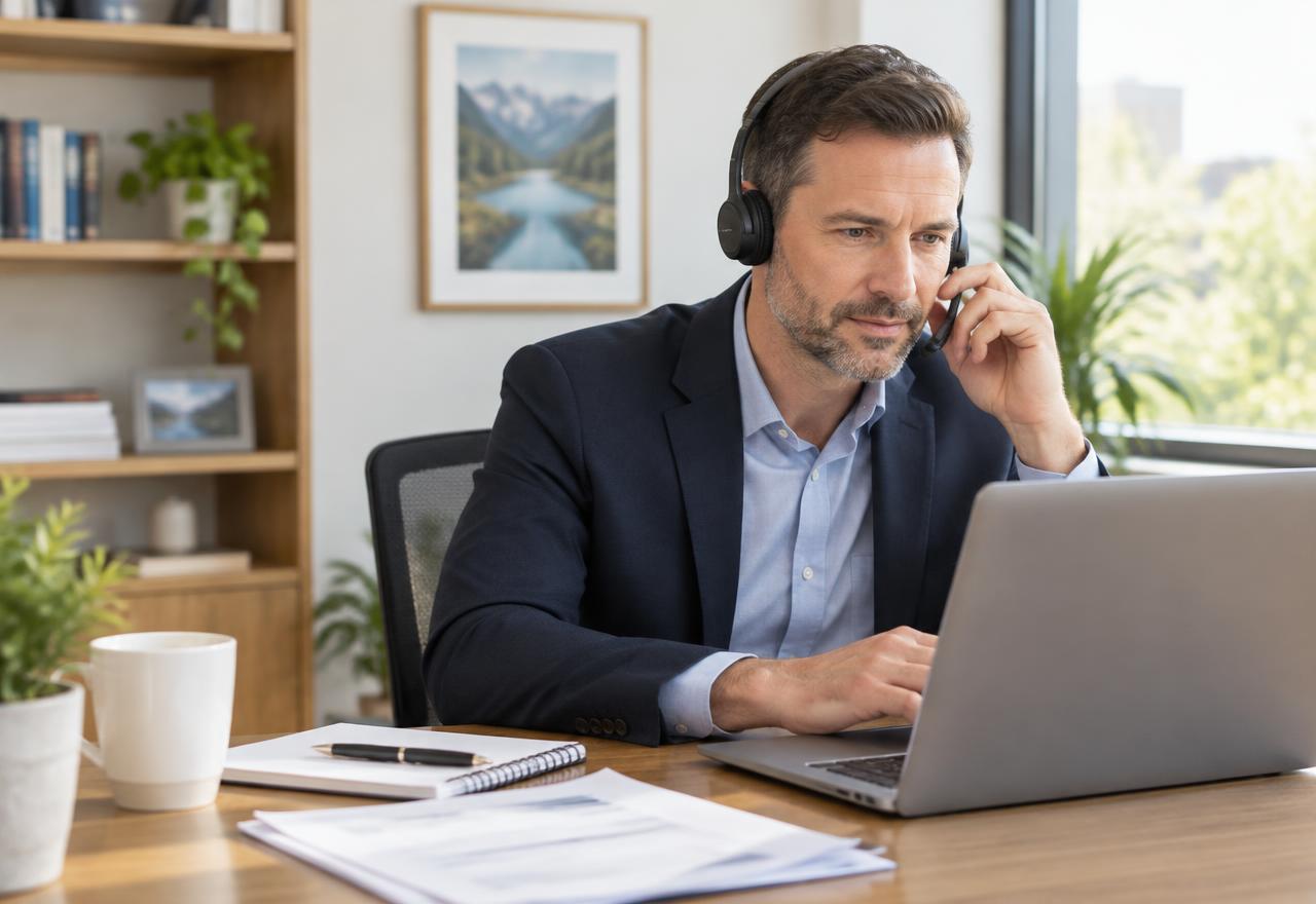 Illustrative insurance professional working at an office desk